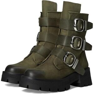 Women's Olive Green Buckle Strap Boots